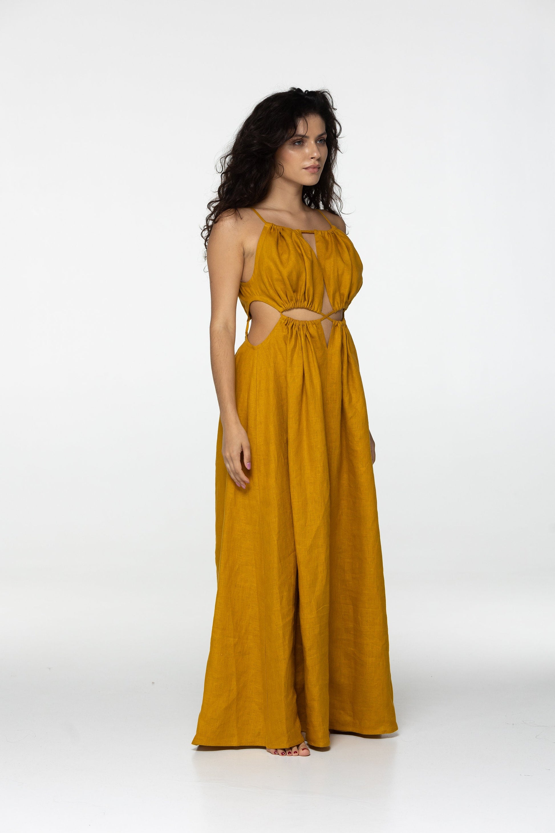 Amber linen dress Eve Goddess open back long linen dress with ties Burning man festival romantic yellow linen Coachella dress Custom size