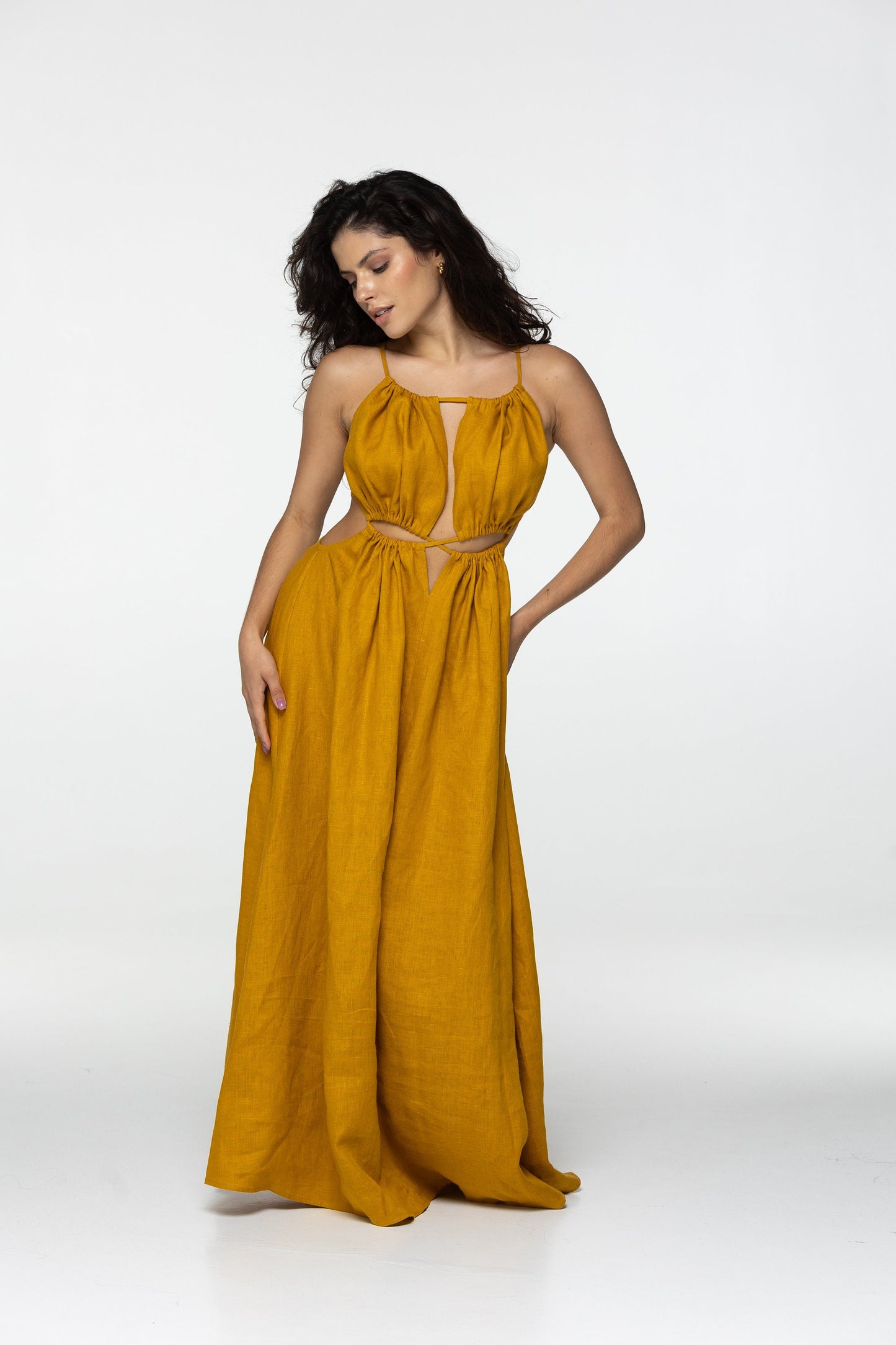 Amber linen dress Eve Goddess open back long linen dress with ties Burning man festival romantic yellow linen Coachella dress Custom size