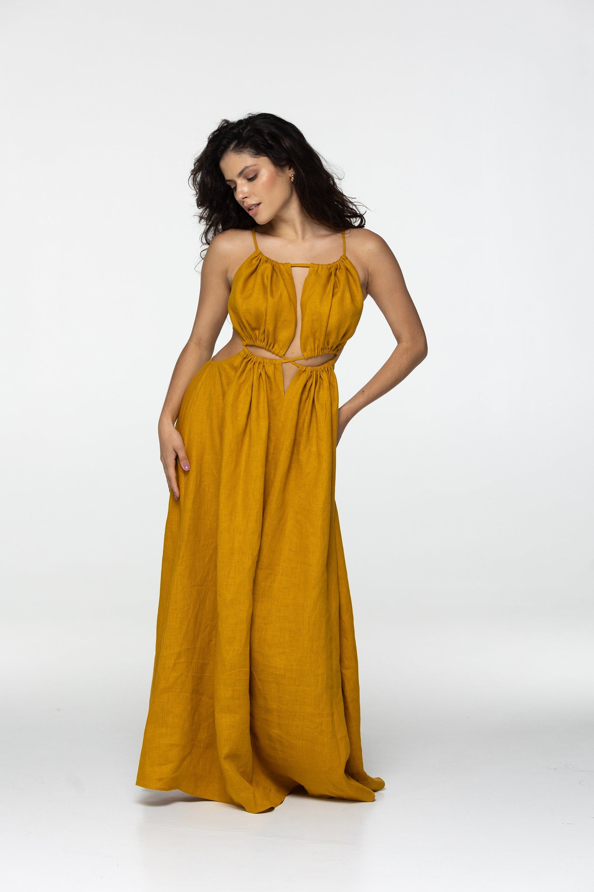 Amber linen dress Eve Goddess open back long linen dress with ties Burning man festival romantic yellow linen Coachella dress Custom size