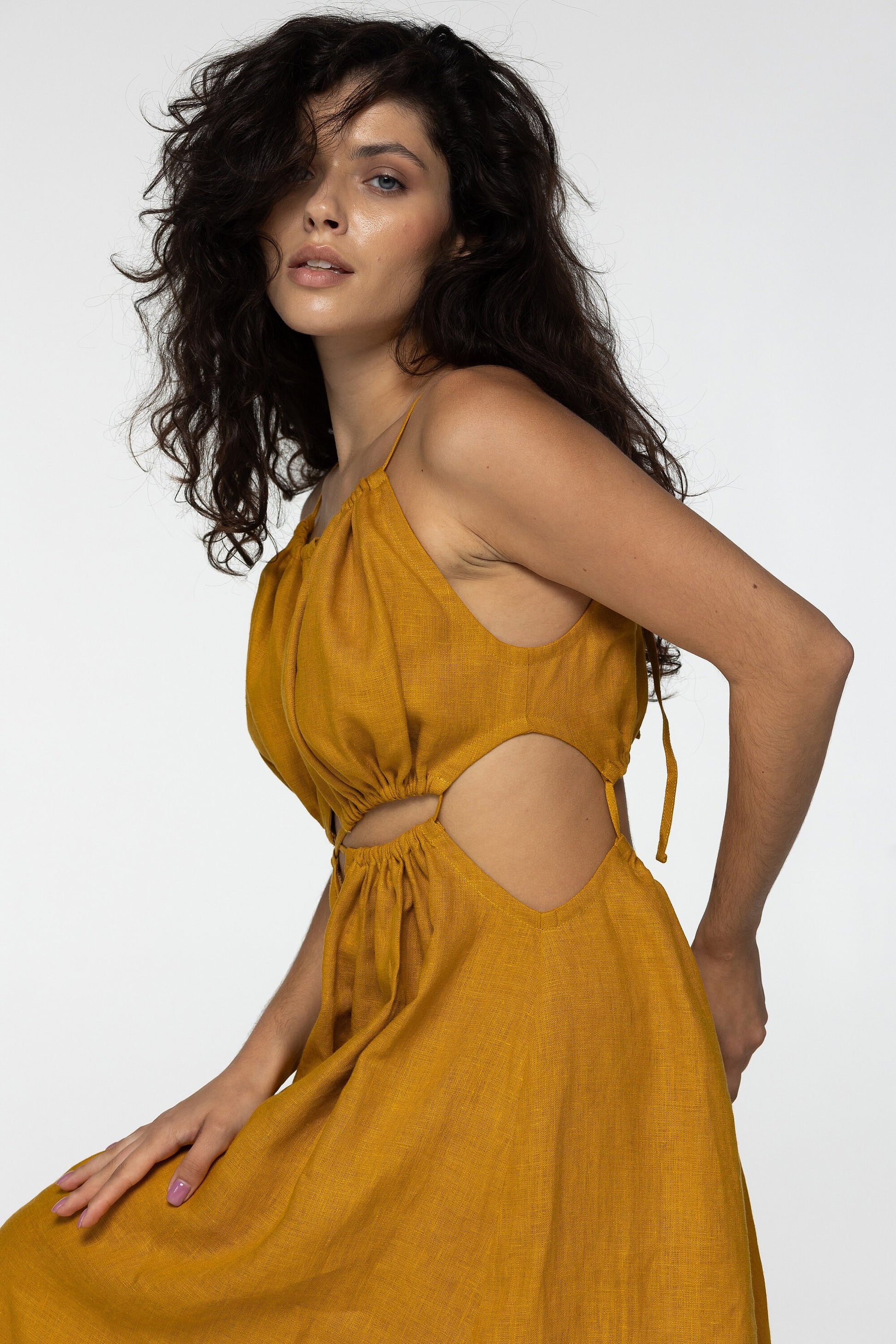 Amber linen dress Eve Goddess open back long linen dress with ties Burning man festival romantic yellow linen Coachella dress Custom size