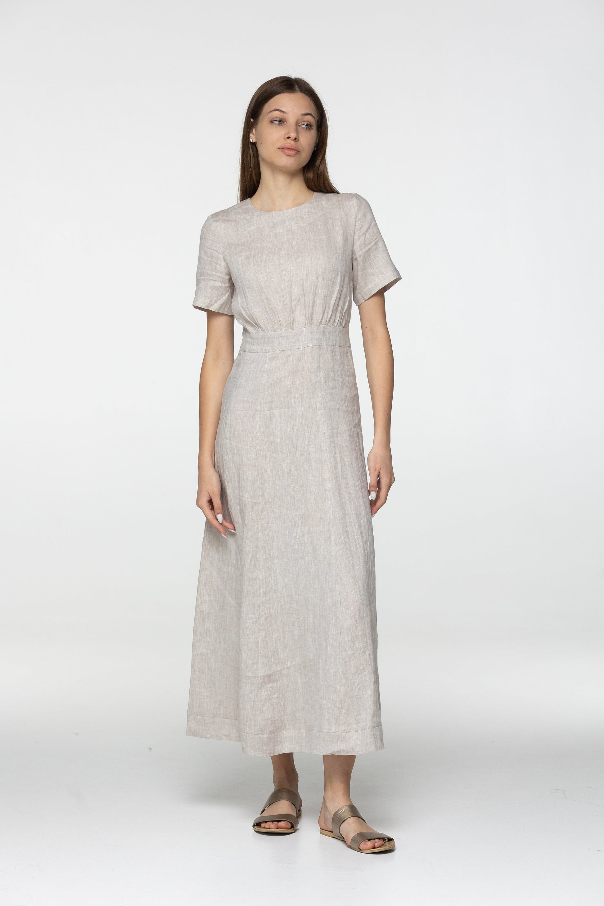 Sand linen midi t shirt dress Fiona Long simple dress Simple basic summer dress Minimalist casual pure undyed linen dress Custom size