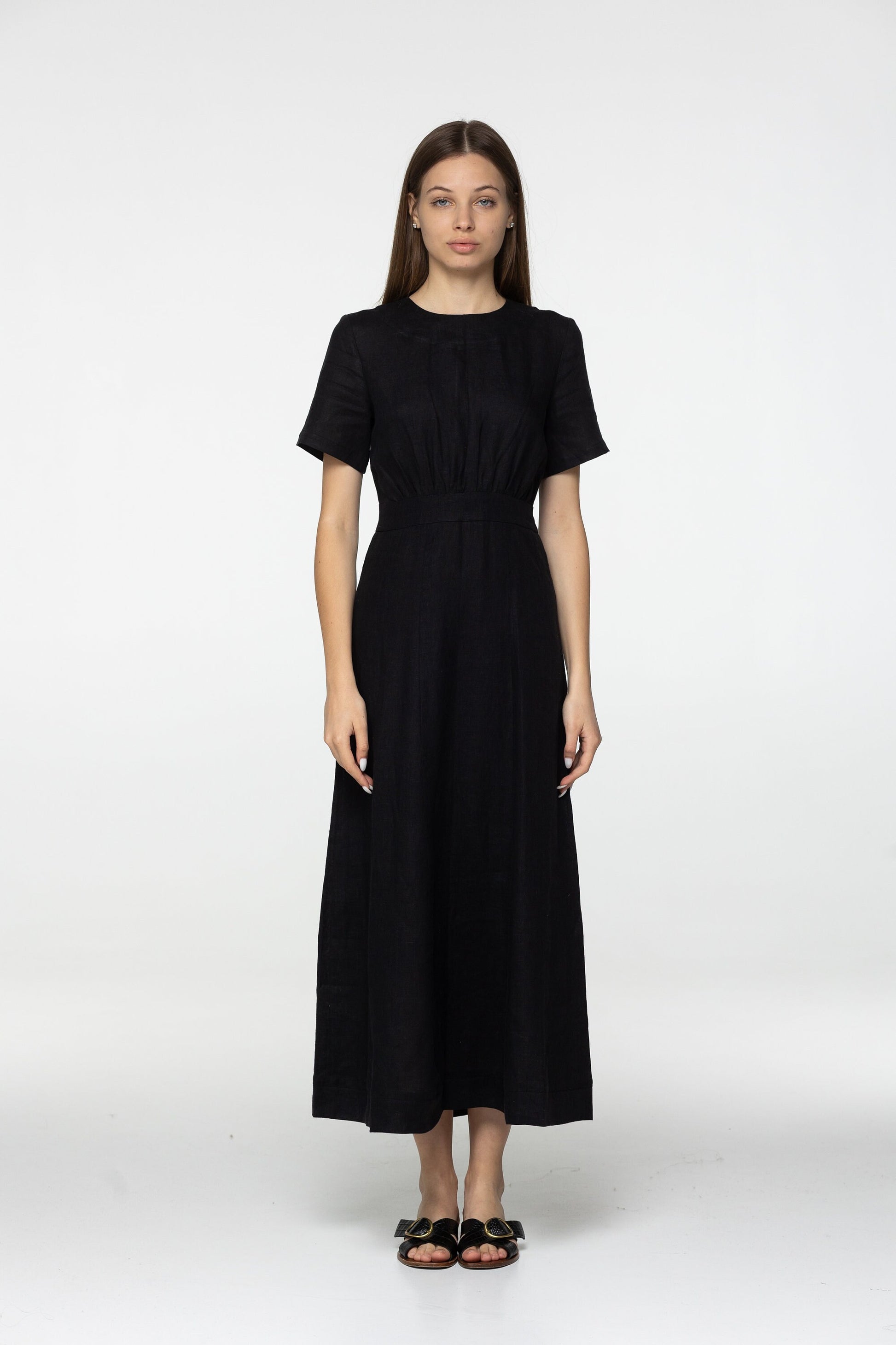 Black linen midi t shirt dress Fiona Long simple dress Simple basic summer dress Minimalist casual pure black linen dress Custom size