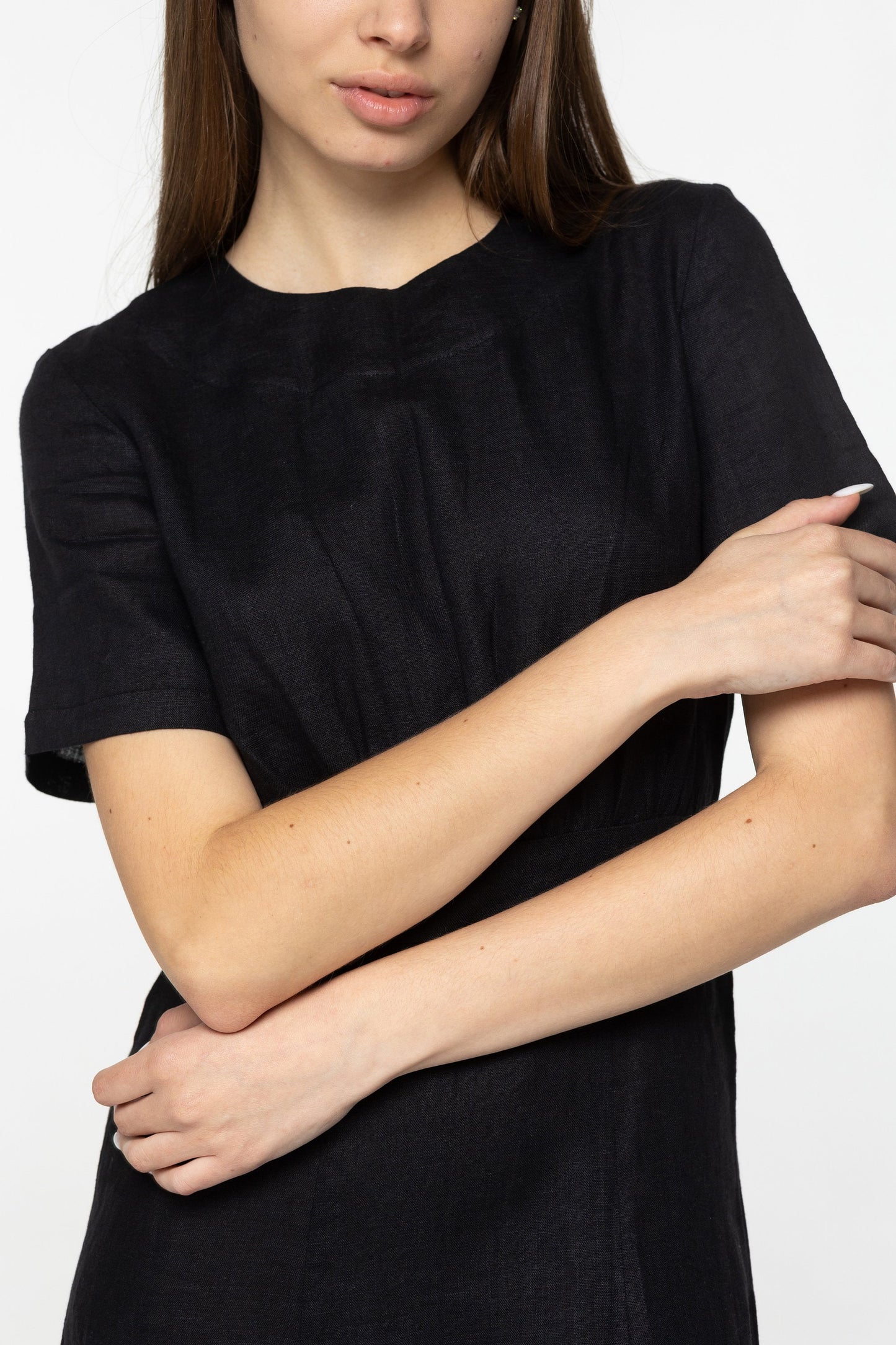 Black linen midi t shirt dress Fiona Long simple dress Simple basic summer dress Minimalist casual pure black linen dress Custom size