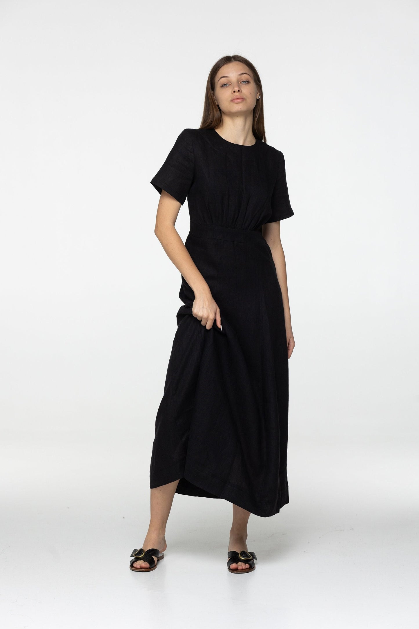 Black linen midi t shirt dress Fiona Long simple dress Simple basic summer dress Minimalist casual pure black linen dress Custom size