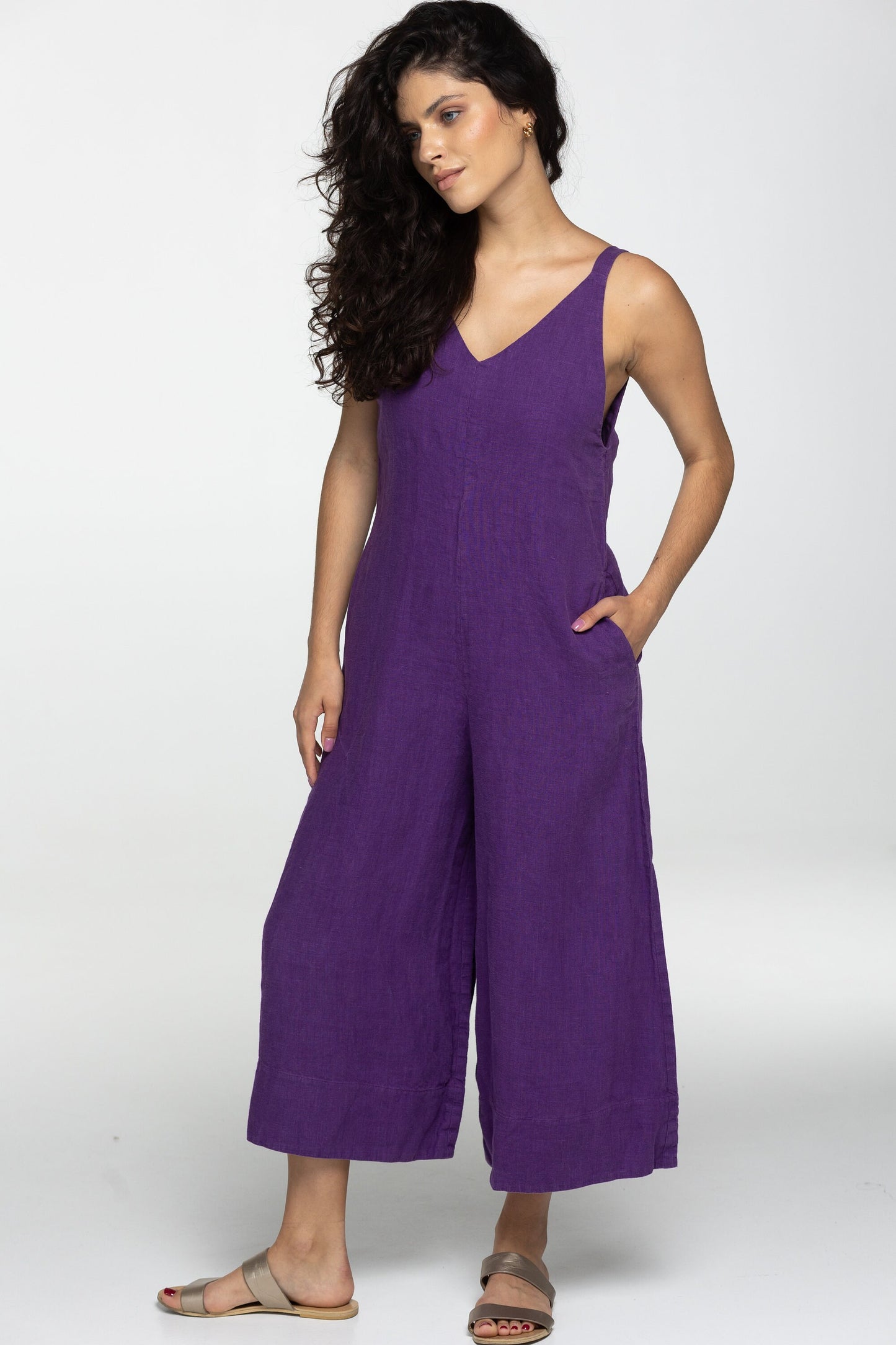 Fitted violet summer linen jumpsuit Charlotte Wide leg loose fit linen romper dungarees Plus size custom size linen overalls with pockets