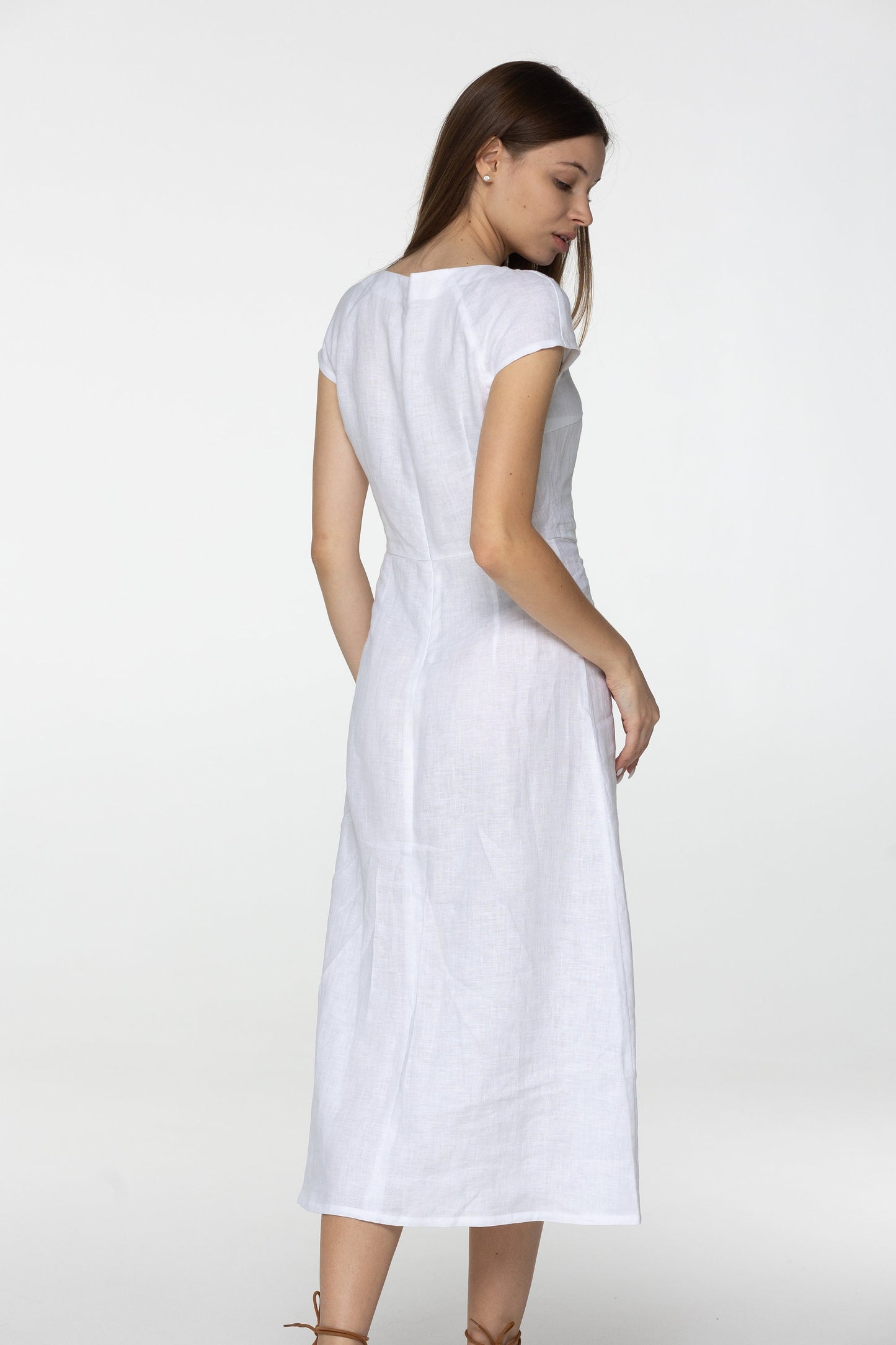 White linen midi short sleeve dress Cara