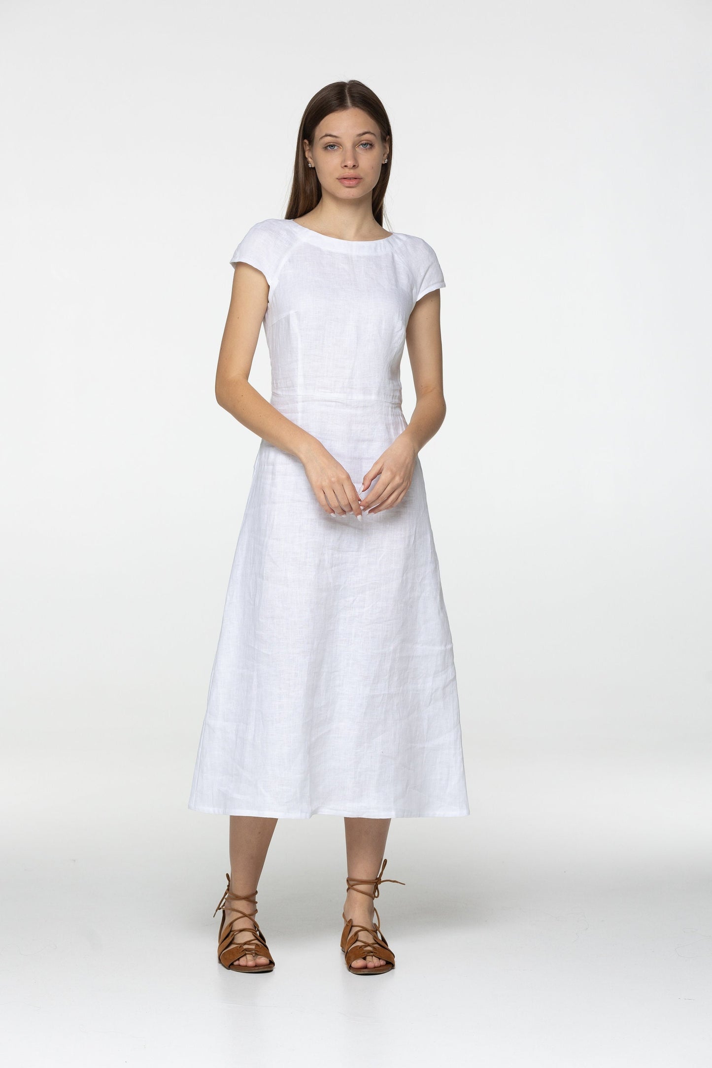 White linen midi short sleeve dress Cara