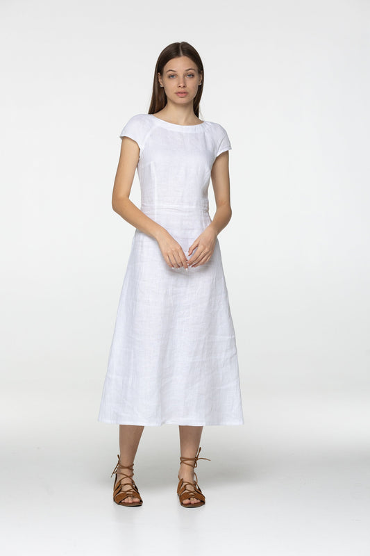 White linen midi short sleeve dress Cara