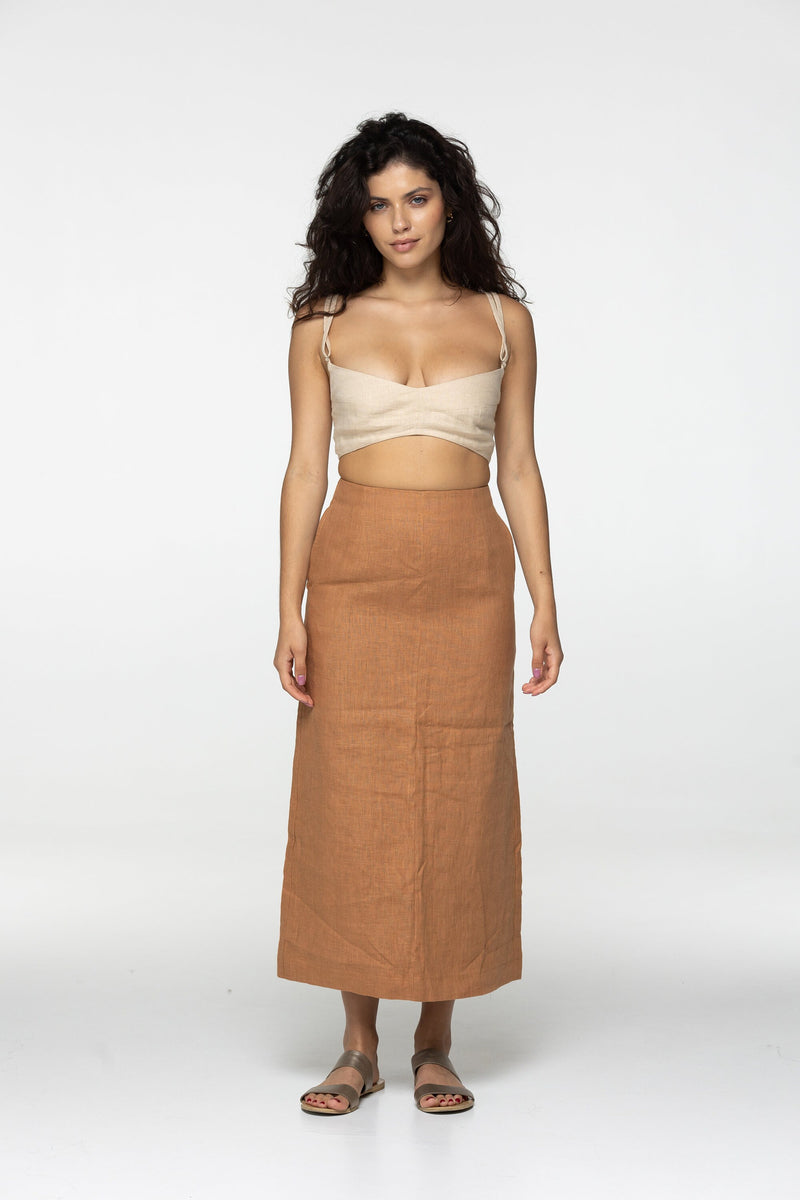 Fitted almond linen maxi skirt Brigit with zipper Slim high waist office linen skirts with back slit Custom Plus size