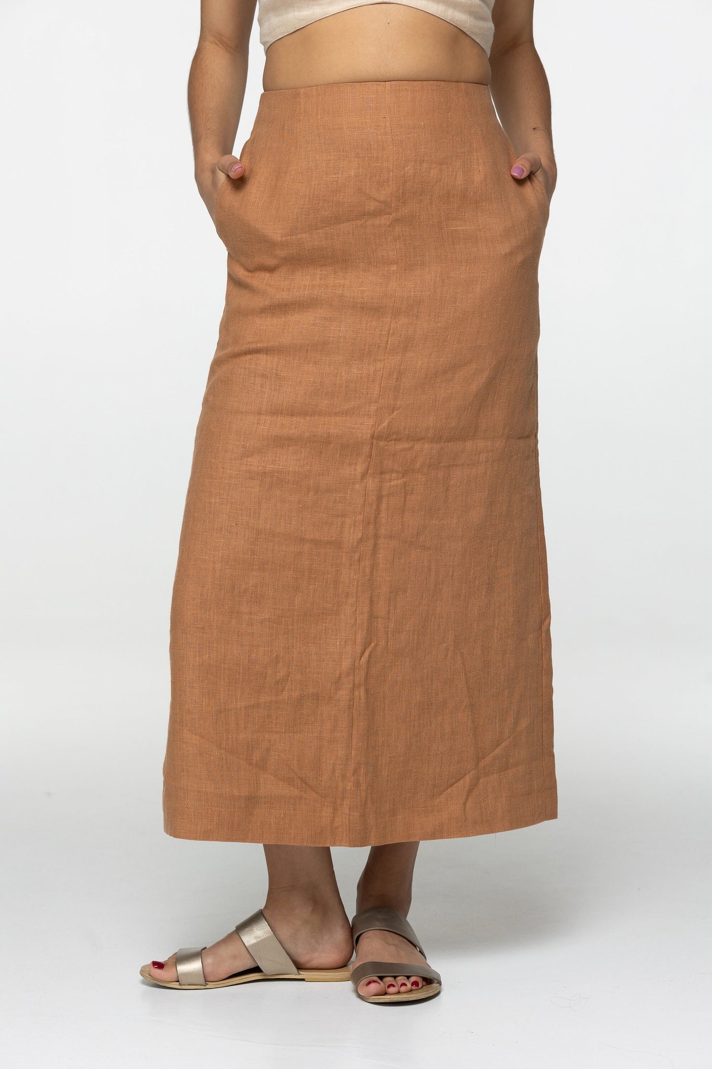 Fitted almond linen maxi skirt Brigit with zipper Slim high waist office linen skirts with back slit Custom Plus size
