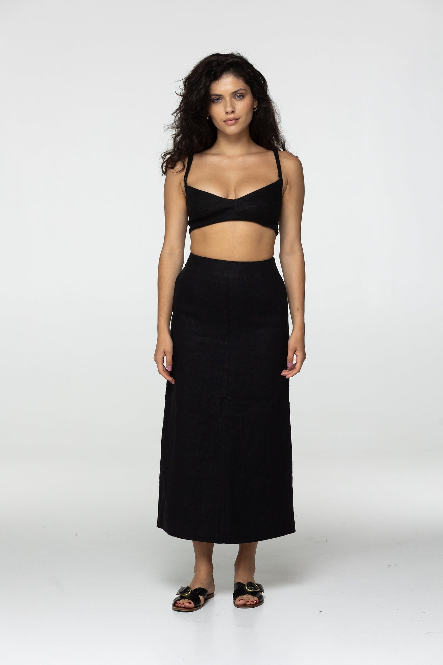 Fitted black linen maxi skirt Brigit with zipper Slim high waist office linen skirts with back slit Custom Plus size