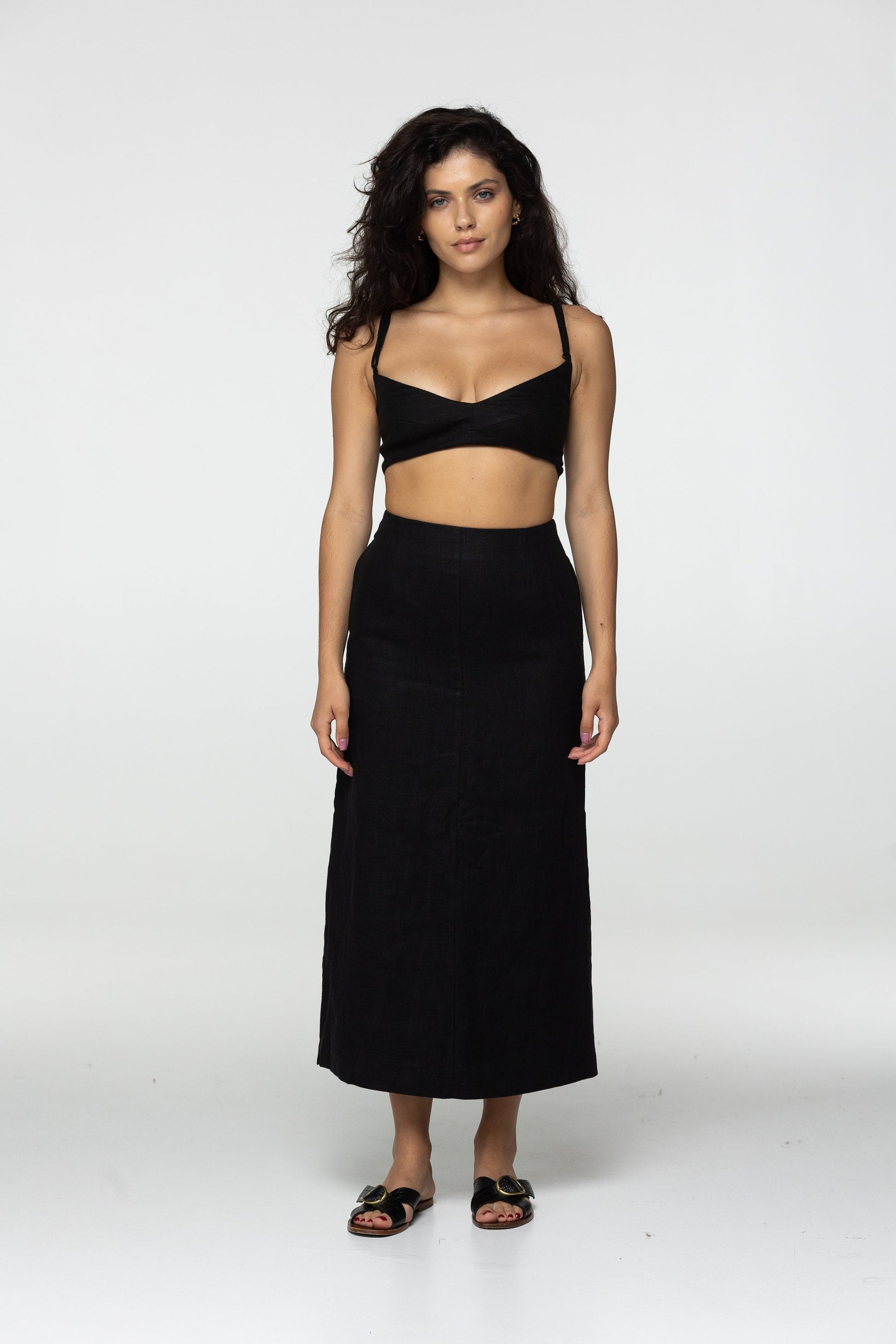 Fitted black linen maxi skirt Brigit with zipper Slim high waist office linen skirts with back slit Custom Plus size