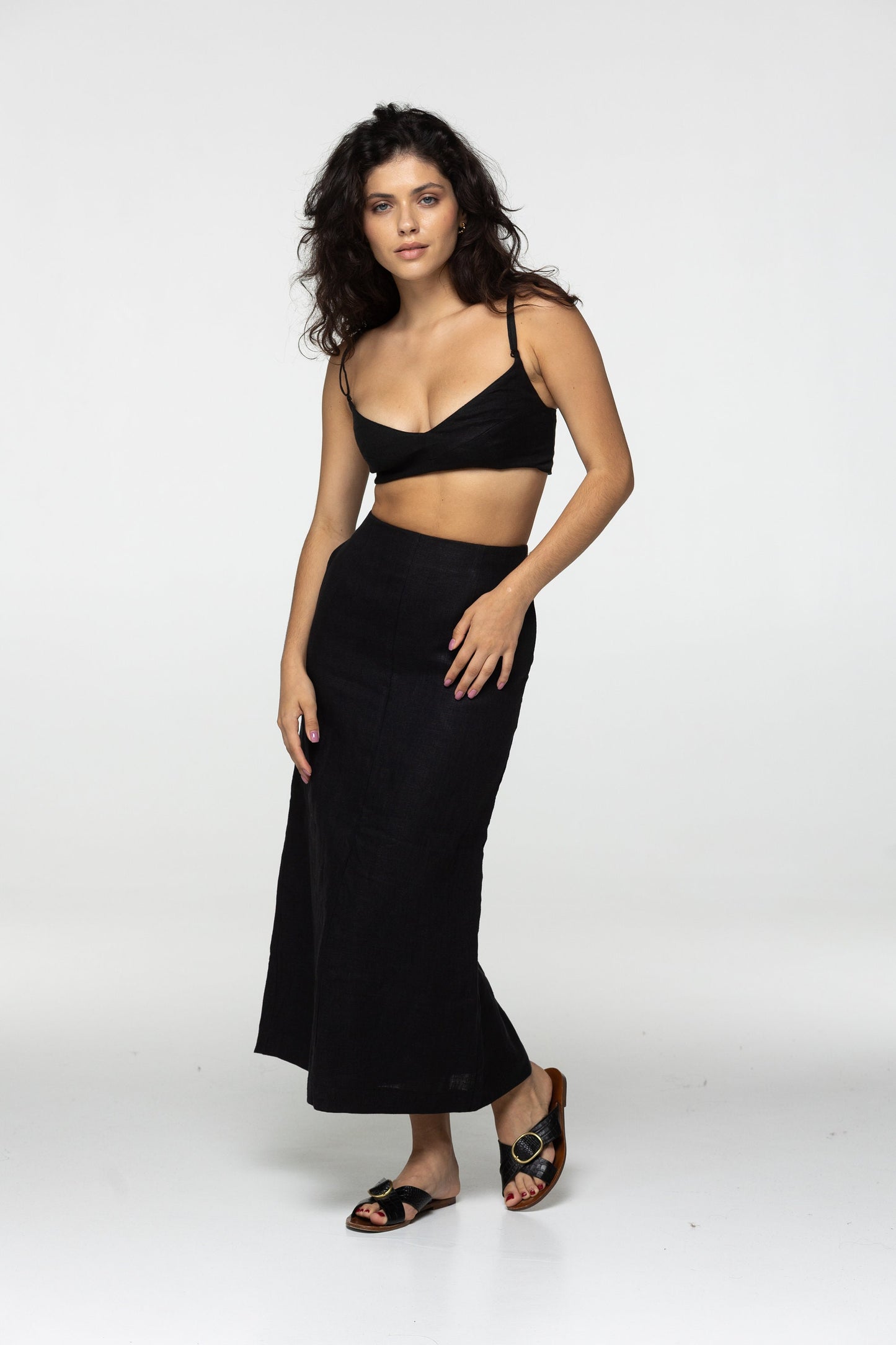 Fitted black linen maxi skirt Brigit with zipper Slim high waist office linen skirts with back slit Custom Plus size