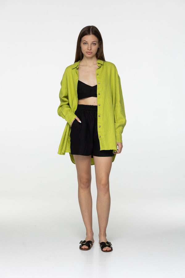 Black linen high waist mini shorts