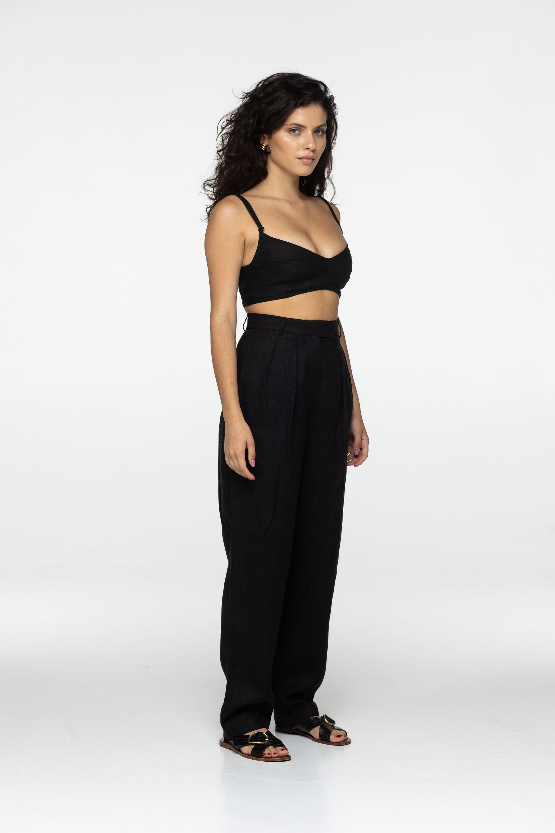 Black linen high waist pleated trouser pants Daria Classic office ігше linen pants with pockets and zipper Wide straight leg Custom sizes