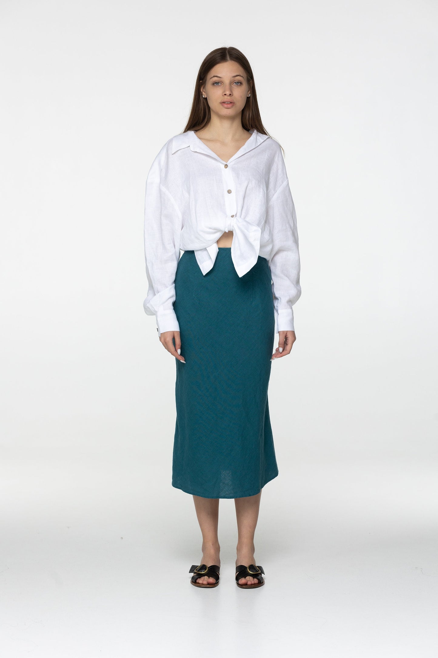 Fit teal linen midi skirt Gloria Summer skirt with elastic waistband and lining High waist office linen skirts Custom Plus size