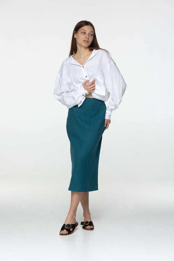 Fit teal linen midi skirt Gloria Summer skirt with elastic waistband and lining High waist office linen skirts Custom Plus size