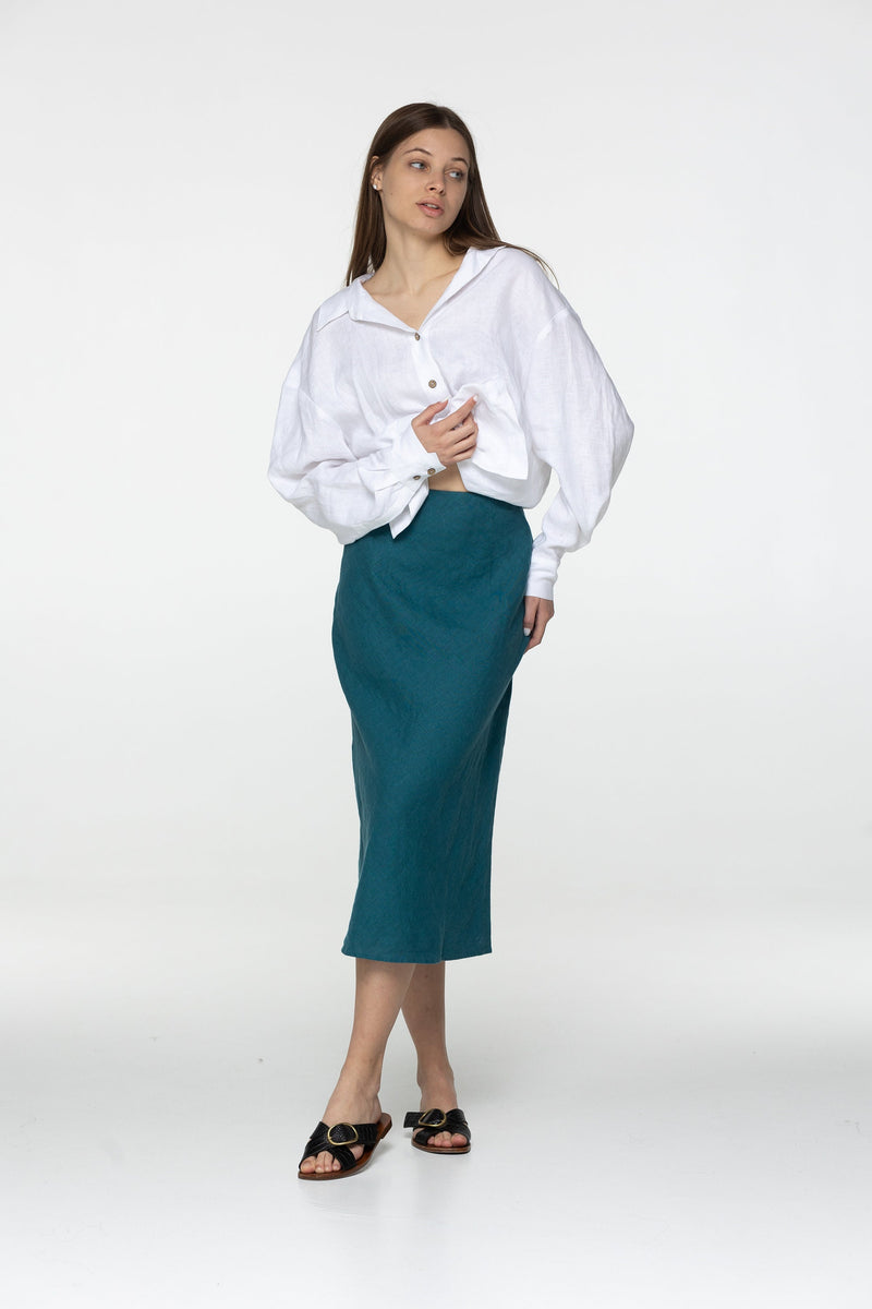 Fit teal linen midi skirt Gloria Summer skirt with elastic waistband and lining High waist office linen skirts Custom Plus size