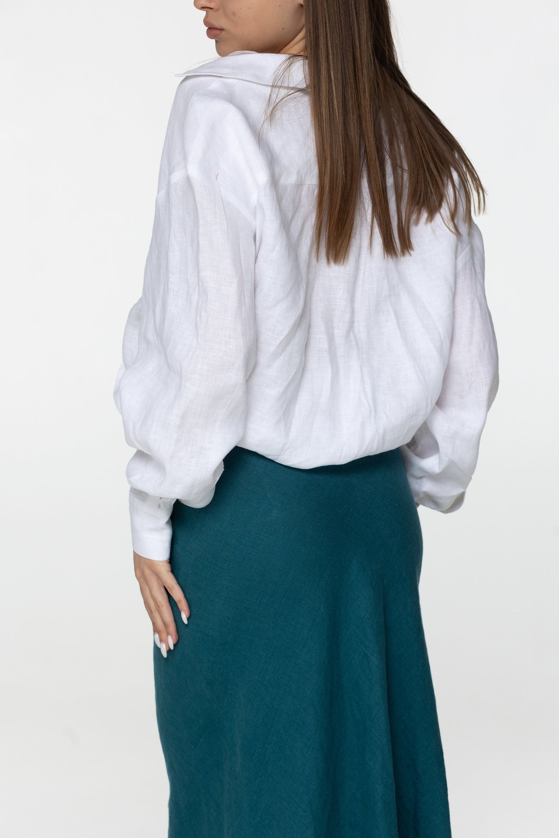 Fit teal linen midi skirt Gloria Summer skirt with elastic waistband and lining High waist office linen skirts Custom Plus size