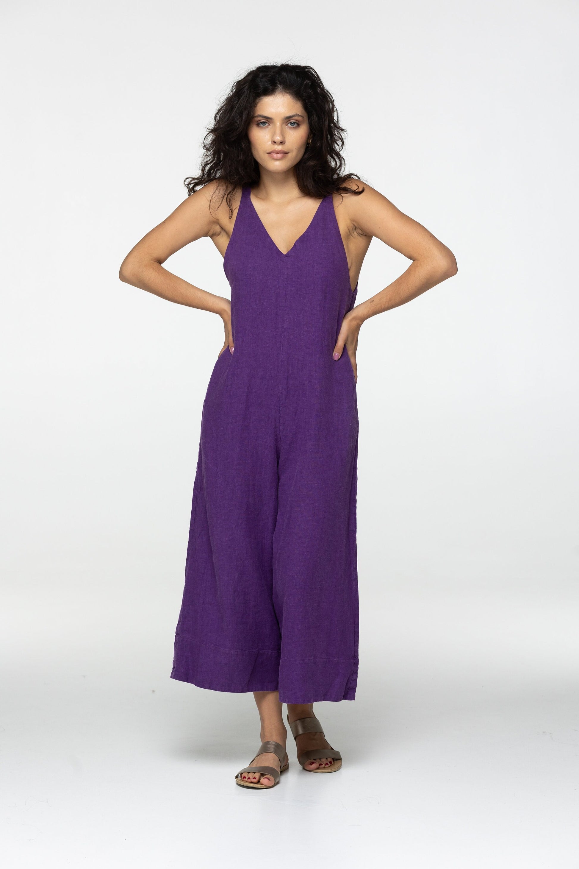 Fitted violet summer linen jumpsuit Charlotte Wide leg loose fit linen romper dungarees Plus size custom size linen overalls with pockets