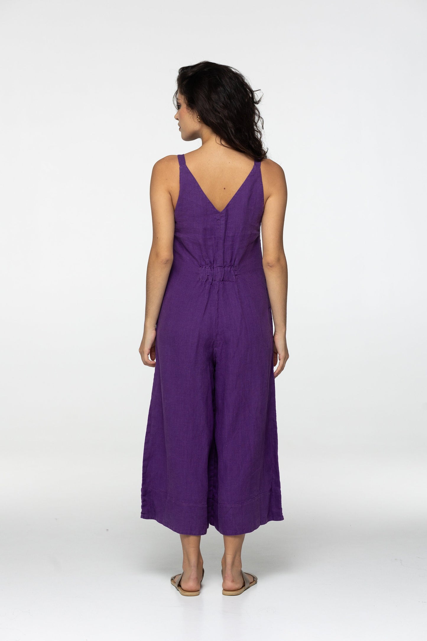 Fitted violet summer linen jumpsuit Charlotte Wide leg loose fit linen romper dungarees Plus size custom size linen overalls with pockets