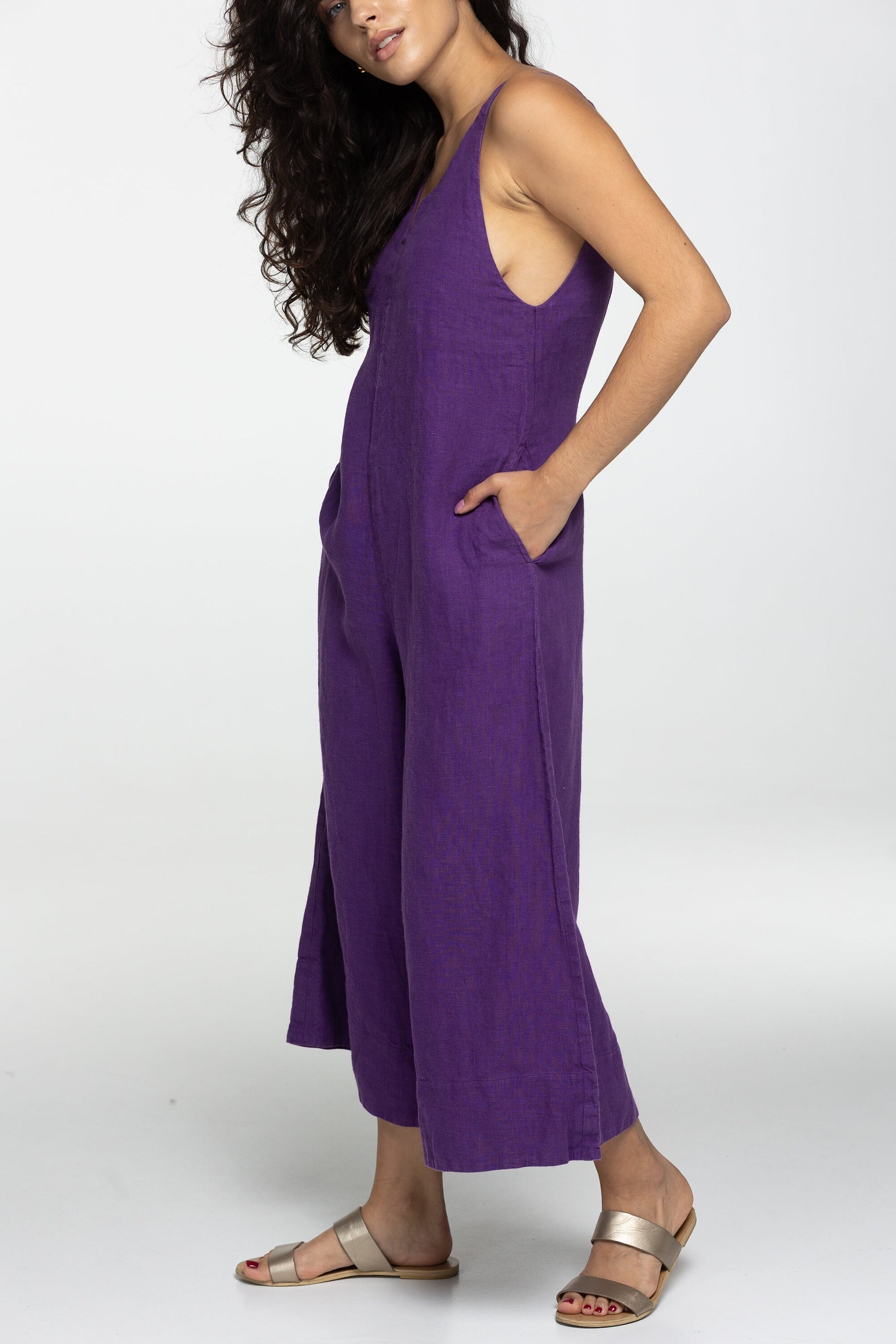 Fitted violet summer linen jumpsuit Charlotte Wide leg loose fit linen romper dungarees Plus size custom size linen overalls with pockets