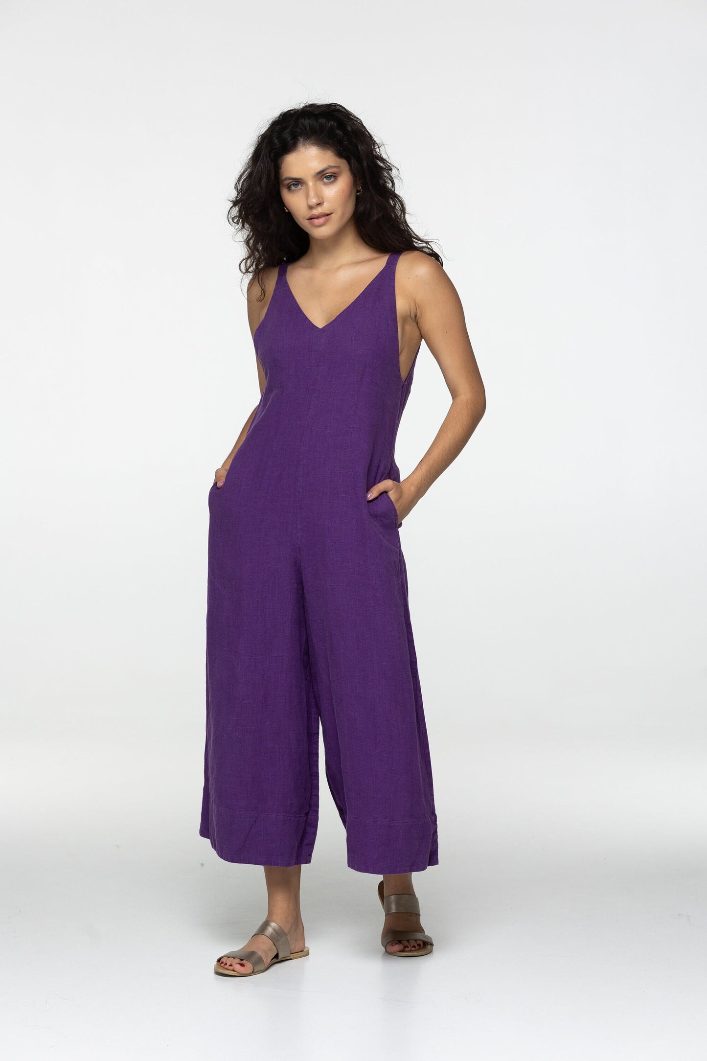 Fitted violet summer linen jumpsuit Charlotte Wide leg loose fit linen romper dungarees Plus size custom size linen overalls with pockets