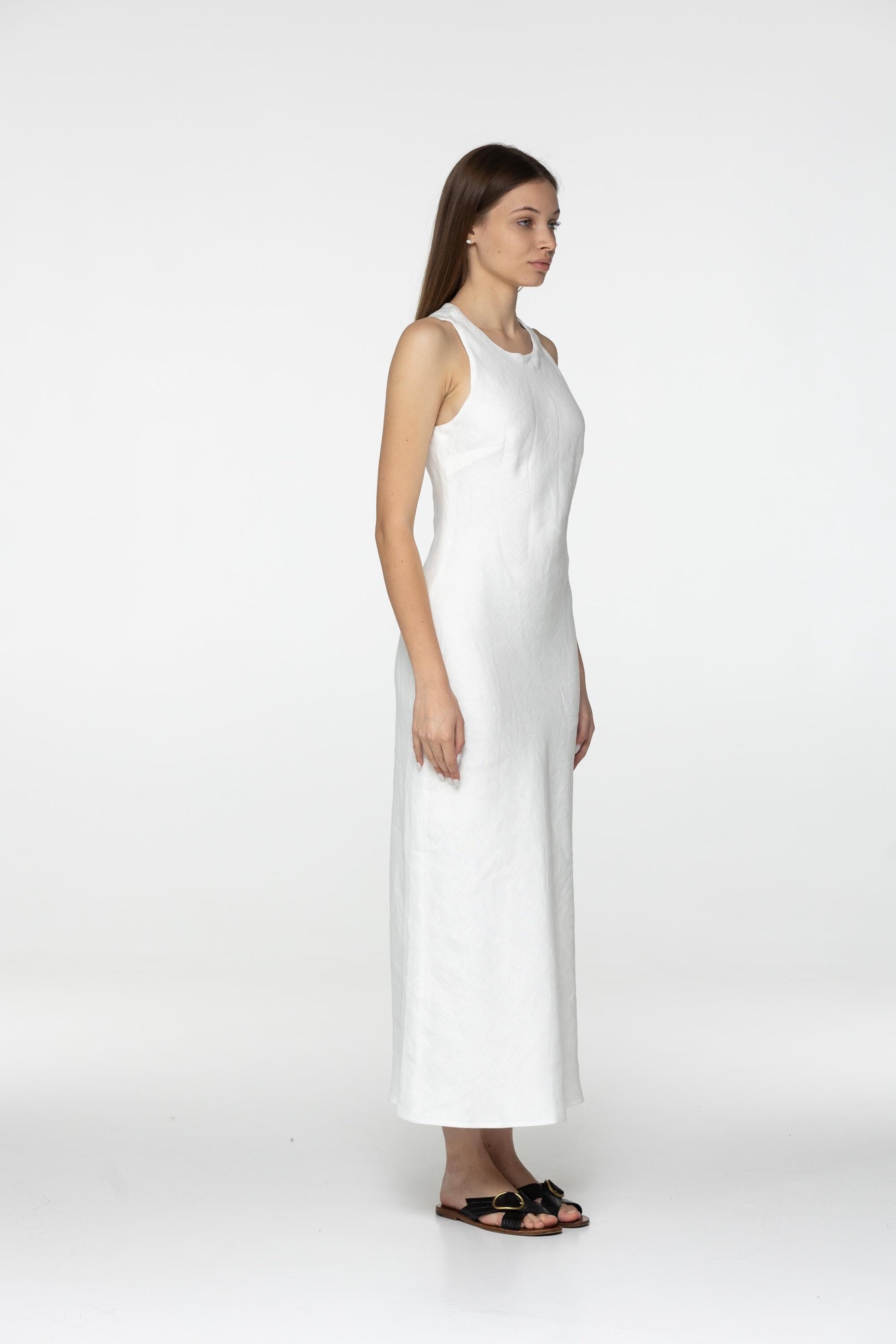 White linen midi slip dress Luna Long simple camisole dress Simple basic summer dress Minimalist casual pure linen dress Custom size