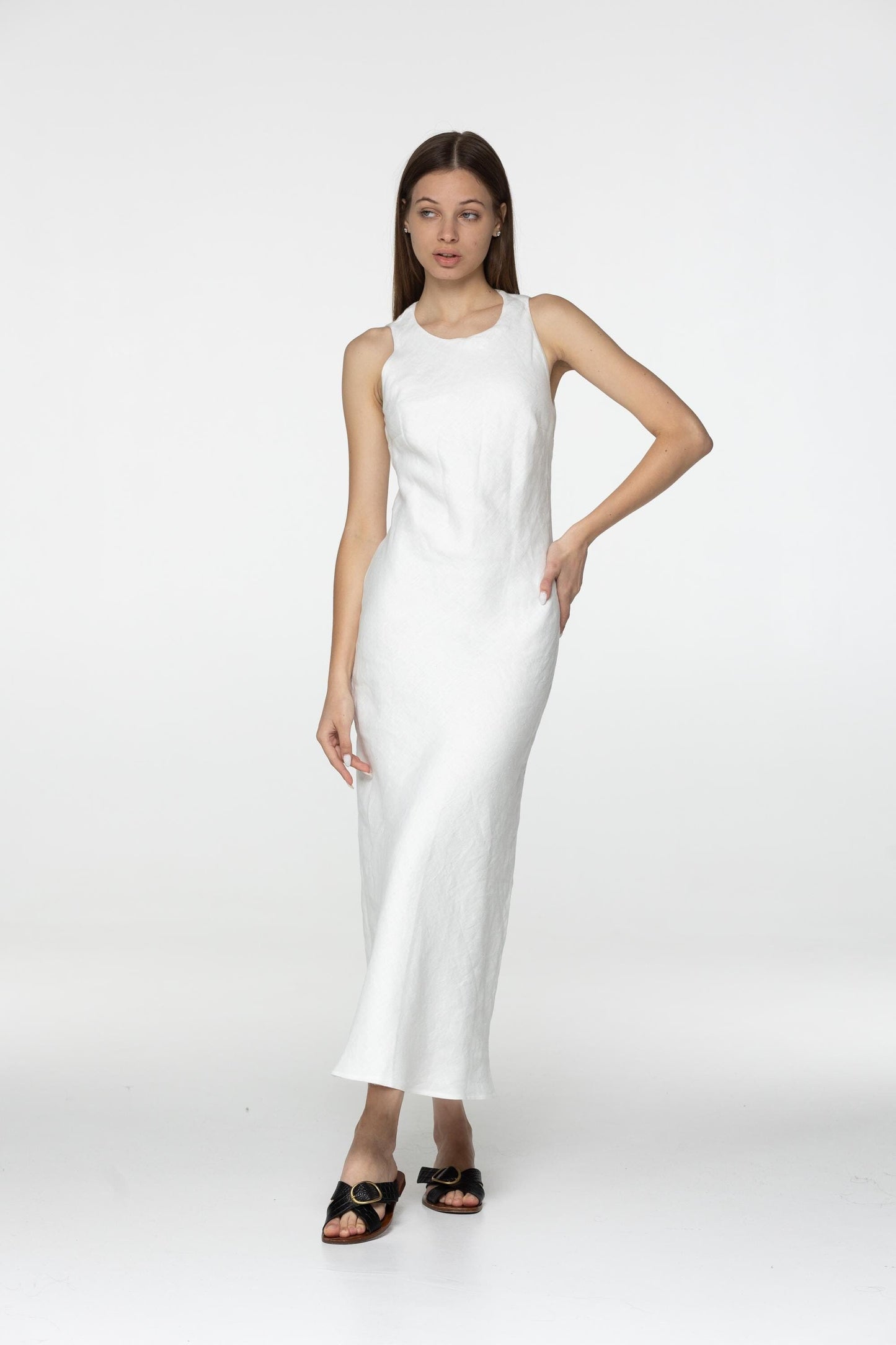 White linen midi slip dress Luna Long simple camisole dress Simple basic summer dress Minimalist casual pure linen dress Custom size