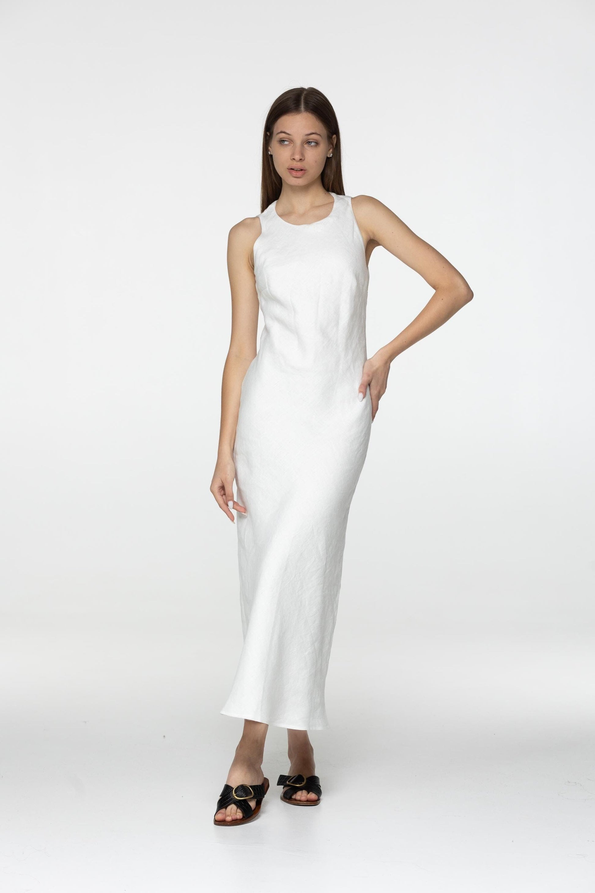 White linen midi slip dress Luna Long simple camisole dress Simple basic summer dress Minimalist casual pure linen dress Custom size