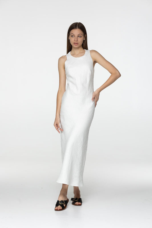 White linen midi slip dress Luna Long simple camisole dress Simple basic summer dress Minimalist casual pure linen dress Custom size