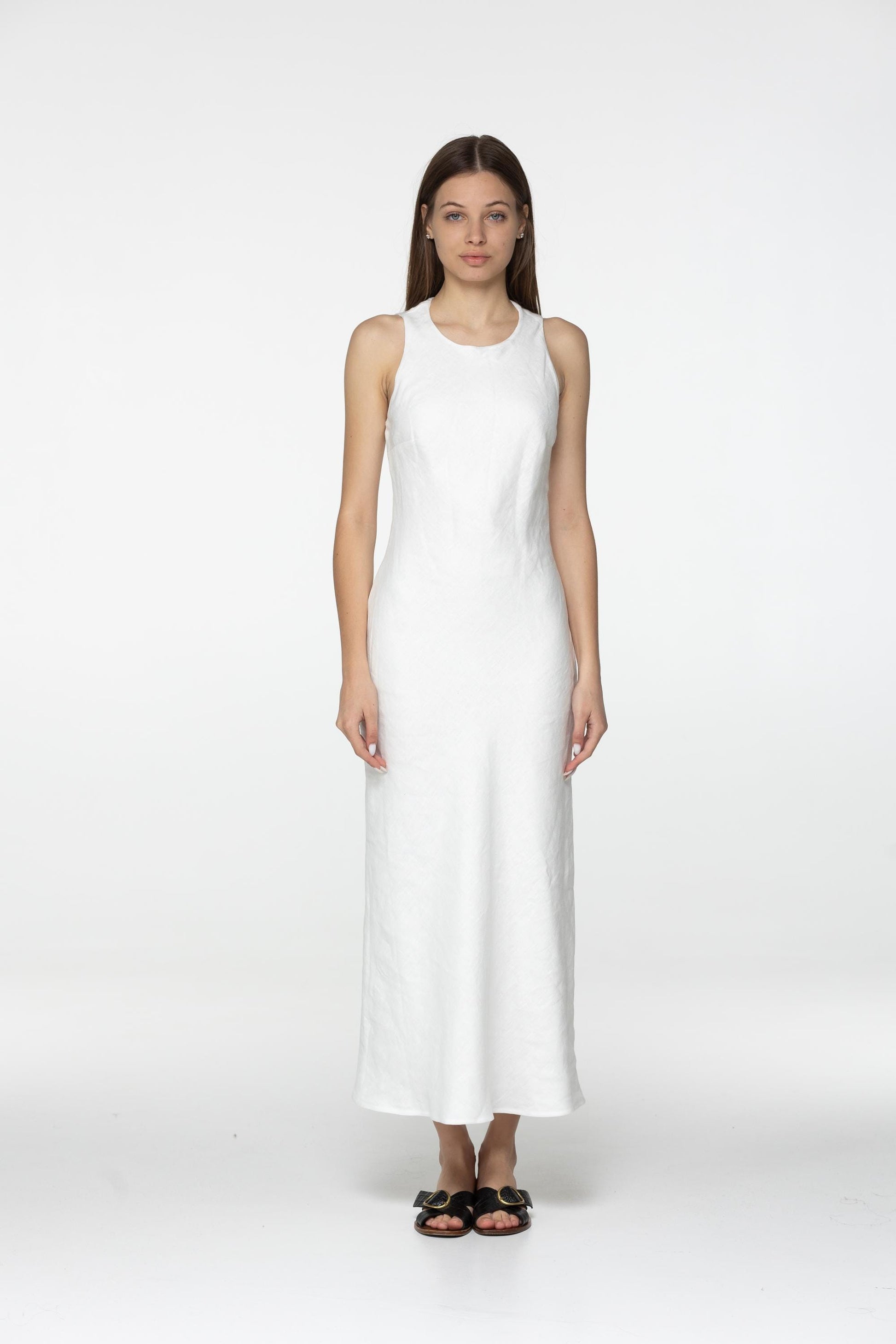 White linen midi slip dress Luna Long simple camisole dress Simple basic summer dress Minimalist casual pure linen dress Custom size