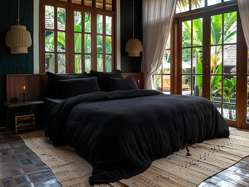 Black soft medium weight linen bedding set duvet cover 2 pillowcases Rustic stonewashed linen comforter cover zipper King Queen Full duvet