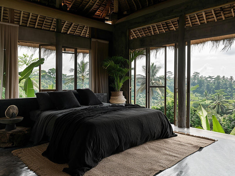 Black soft medium weight linen bedding set duvet cover 2 pillowcases Rustic stonewashed linen comforter cover zipper King Queen Full duvet