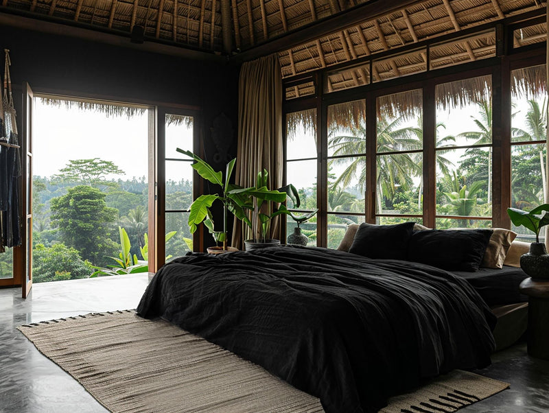 Black soft medium weight linen bedding set duvet cover 2 pillowcases Rustic stonewashed linen comforter cover zipper King Queen Full duvet