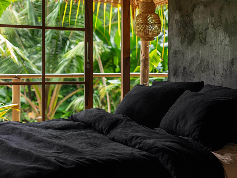 Black soft medium weight linen bedding set duvet cover 2 pillowcases Rustic stonewashed linen comforter cover zipper King Queen Full duvet