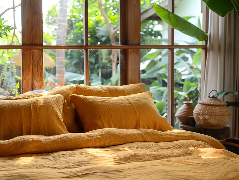 Marigold soft medium weight linen bedding set duvet cover 2 pillowcases Rustic stonewashed linen comforter cover zipper King Queen duvet
