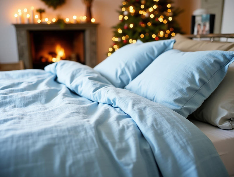 Christmas Ice linen bedding set 1 duvet cover and 2 pillowcases in soft light blue linen sky comforter baby blue cover set quilt cover set