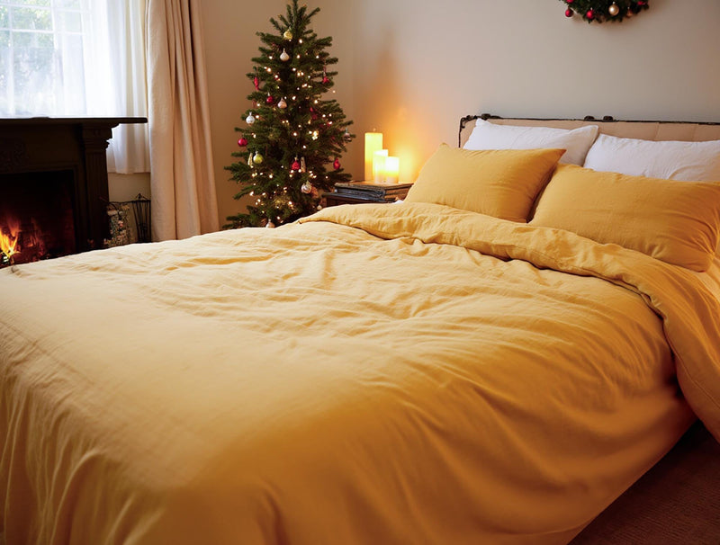 Christmas Marigold linen bedding set 1 duvet cover and 2 pillowcases in soft yellow linen curry comforter orange cover set quilt cover set