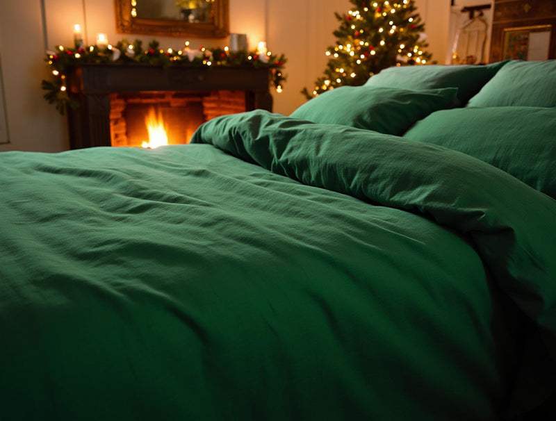 Christmas Verdant linen bedding set 1 duvet cover and 2 pillowcases in soft green linen emerald comforter cover set quilt cover set