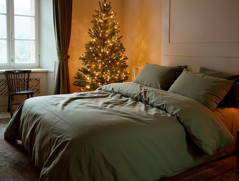 Christmas Khaki linen bedding set 1 duvet cover and 2 pillowcases in soft green linen dark olive comforter cover olive set quilt cover set
