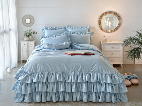 Ice triple ruffles soft linen bedding set King Queen duvet cover with ruffles 2 pillowcases Three ruffles linen comforter cover zipper