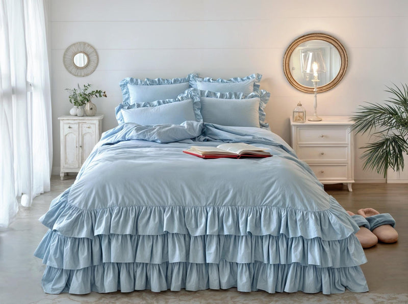 Ice triple ruffles soft linen bedding set King Queen duvet cover with ruffles 2 pillowcases Three ruffles linen comforter cover zipper