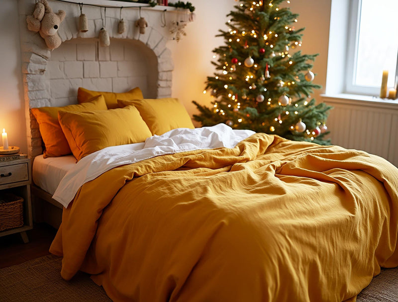 Christmas Marigold linen bedding set 1 duvet cover and 2 pillowcases in soft yellow linen curry comforter orange cover set quilt cover set