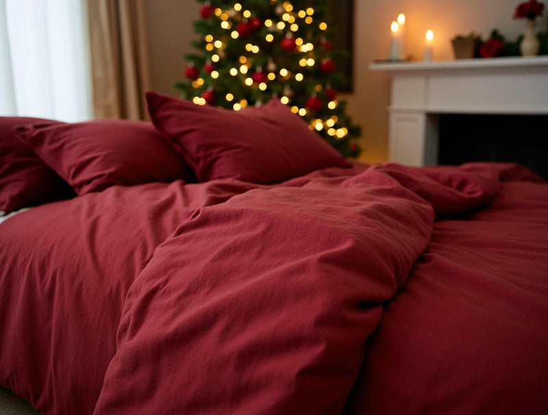 Christmas Marsala linen bedding set 1 duvet cover and 2 pillowcases in soft ruby linen maroon comforter red cover set quilt cover set