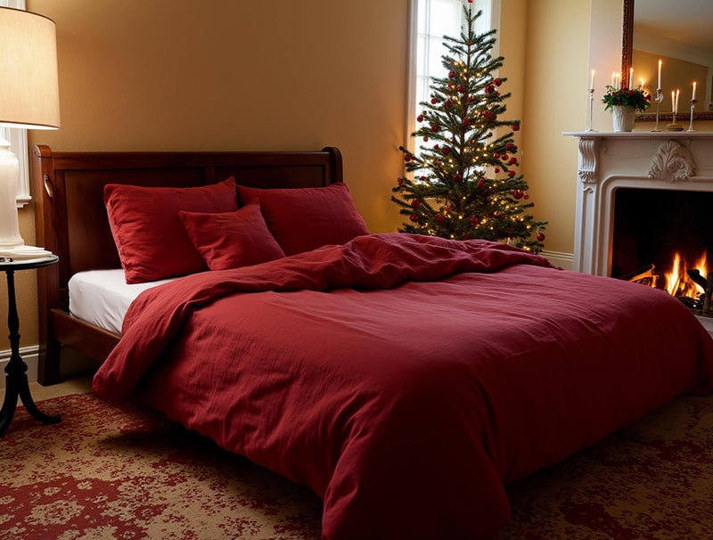 Christmas Marsala linen bedding set 1 duvet cover and 2 pillowcases in soft ruby linen maroon comforter red cover set quilt cover set