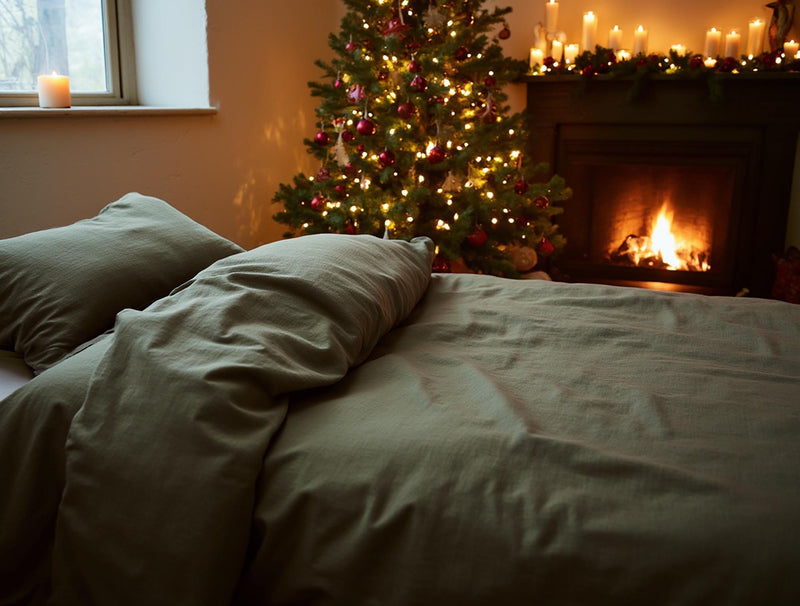 Christmas Khaki linen bedding set 1 duvet cover and 2 pillowcases in soft green linen dark olive comforter cover olive set quilt cover set