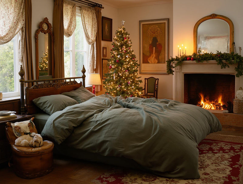 Christmas Khaki linen bedding set 1 duvet cover and 2 pillowcases in soft green linen dark olive comforter cover olive set quilt cover set