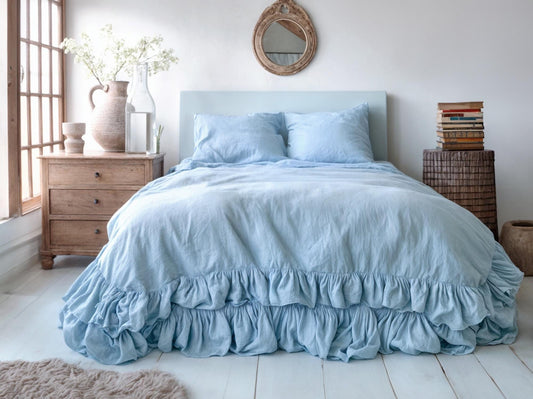 Ice double ruffles soft linen bedding set King Queen duvet cover 2 pillowcases Two ruffles linen comforter cover with ruffles zipper