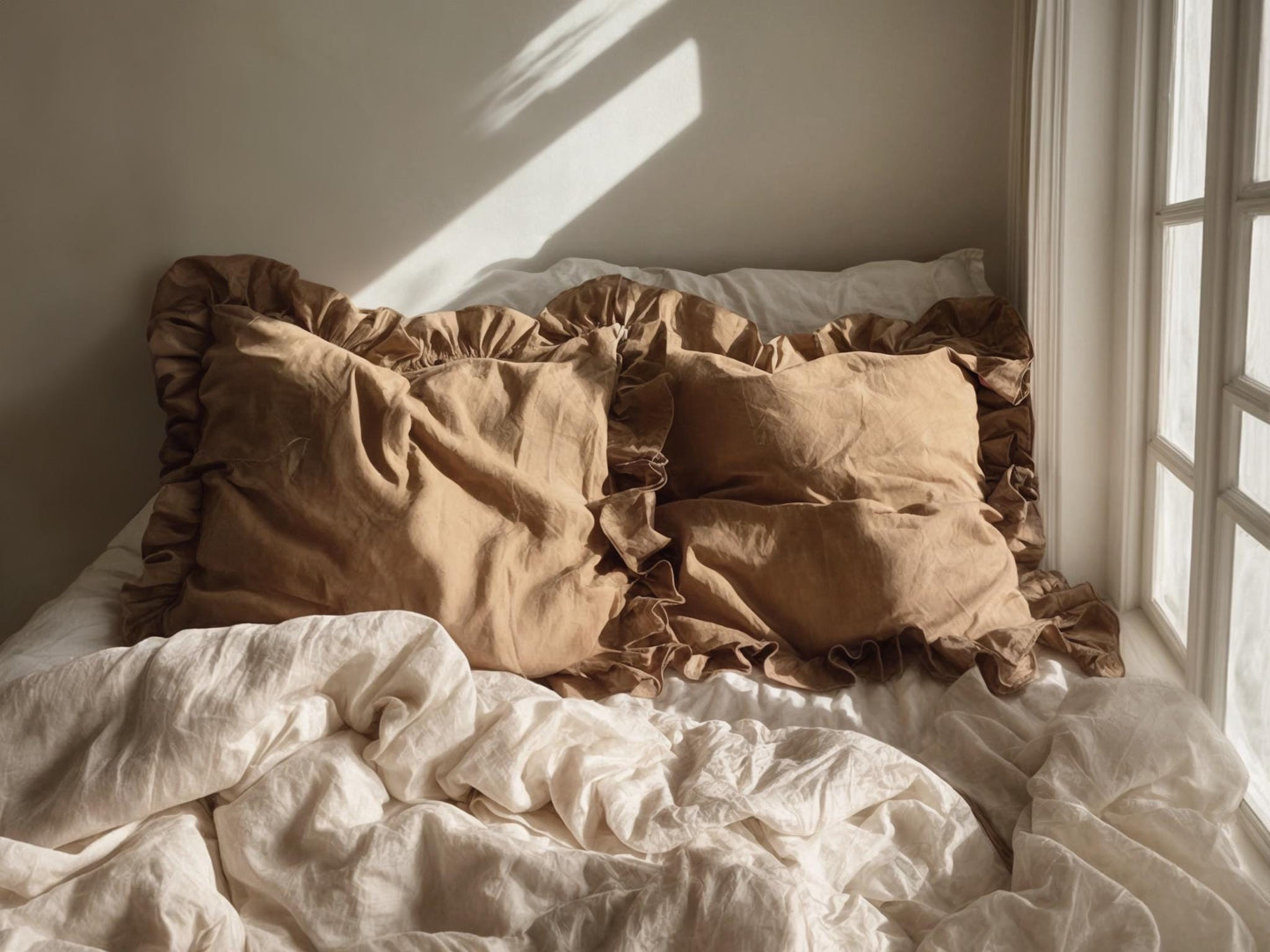 Almond double ruffles soft linen bedding set King Queen duvet cover 2 pillowcases ruffles linen comforter cover with ruffles zipper